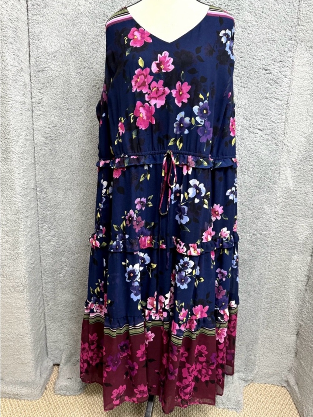 Roz & Ali Plus Size 24 Navy Floral Maxi Dress with Pink and Purple Accents